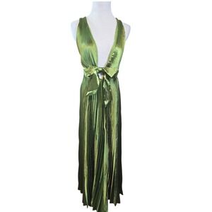 Petal + Pup Green Plunge Neck Pleated Tie Waist Maxi Dress Formal Strappy size S